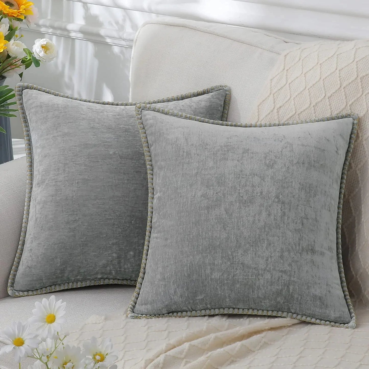 Grey Chenille Throw Pillow Cover – 45x45cm (Single Piece)