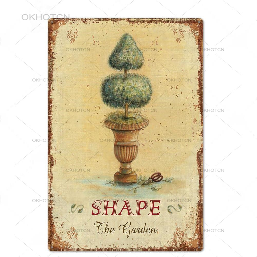 Metal Vintage Sign Heart Shaped Bush in a Flower Pot