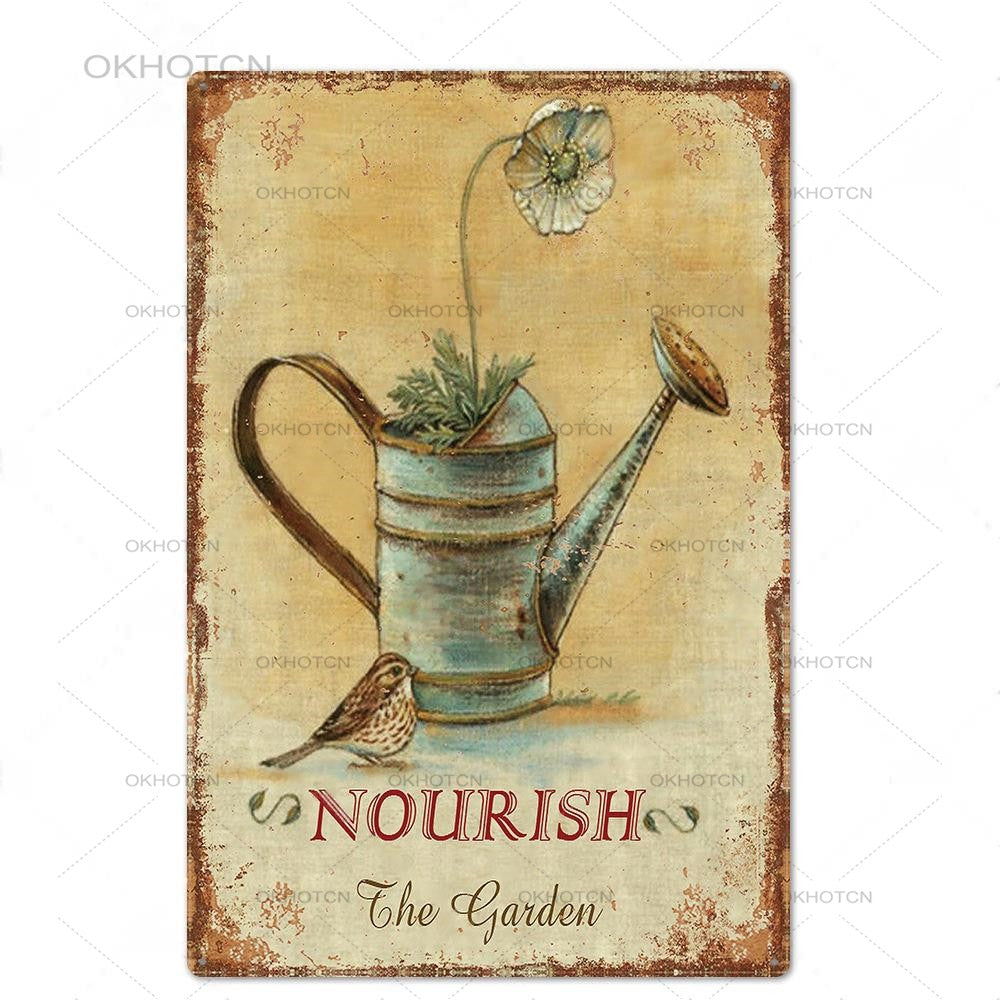 Vintage Metal Plaque “Nourish” in rust color red