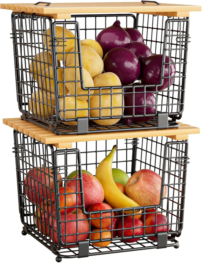 GGIU Stackable Wire Storage Basket Set – 2 Pack Black
