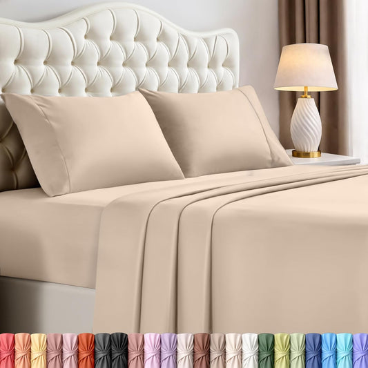 Classic Soft-Touch Microfiber Sheet Set – Everyday Luxury Bedding (Queen, Beige)