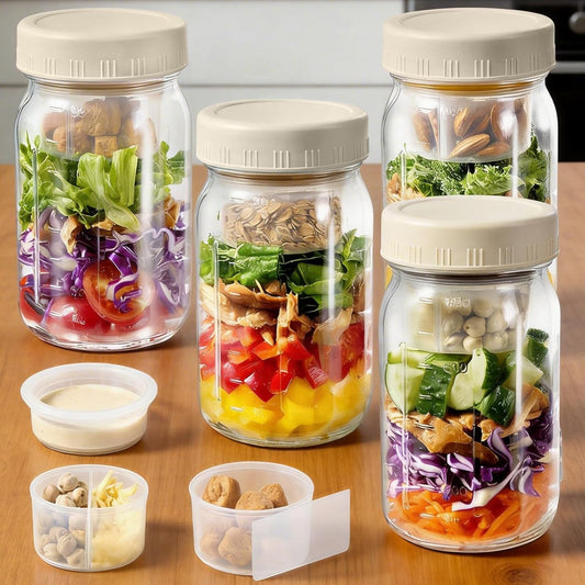 4-Pack Glass Salad Pod Mason Jars with Dressing Cups