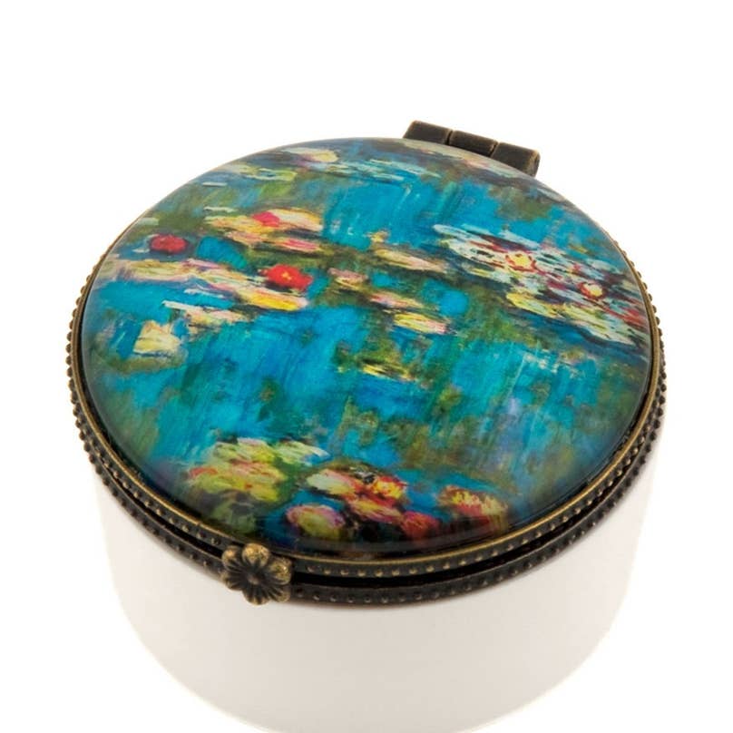 Round Monet Water Lilies keepsake box with decorative lid