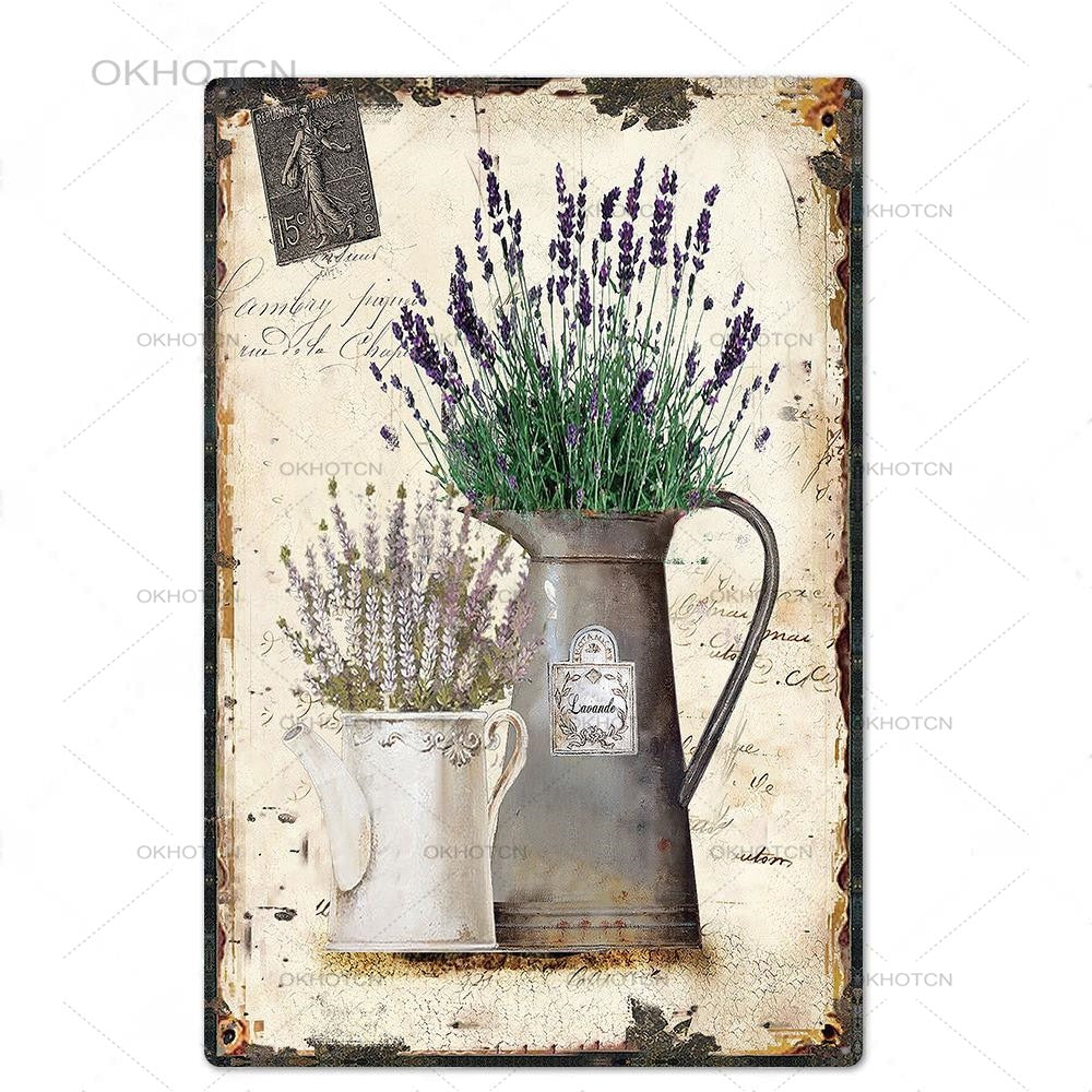 Metal Vintage Sign Lavender Plant in a  Tin Pitcher Plant Pot