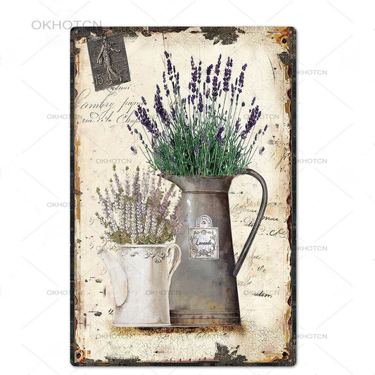 Metal Vintage Sign Lavender Plant in a  Tin Pitcher Plant Pot