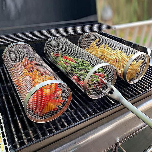 BBQ Grill Mesh Rolling Basket (Stainless Steel)